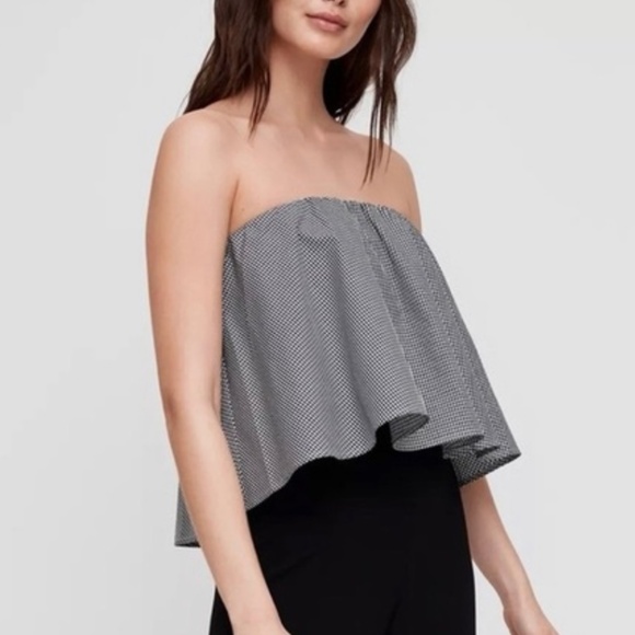 Aritzia Babaton Bandeau Ruffle Top Blouse Peplum Checkered Black White Size S - Picture 1 of 11